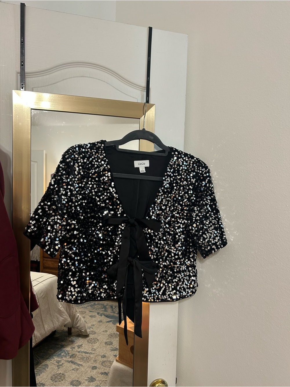 CeCe - Black Velvet & Silver Sequin Short Sleeve Blouse w/ Front Ties, Small